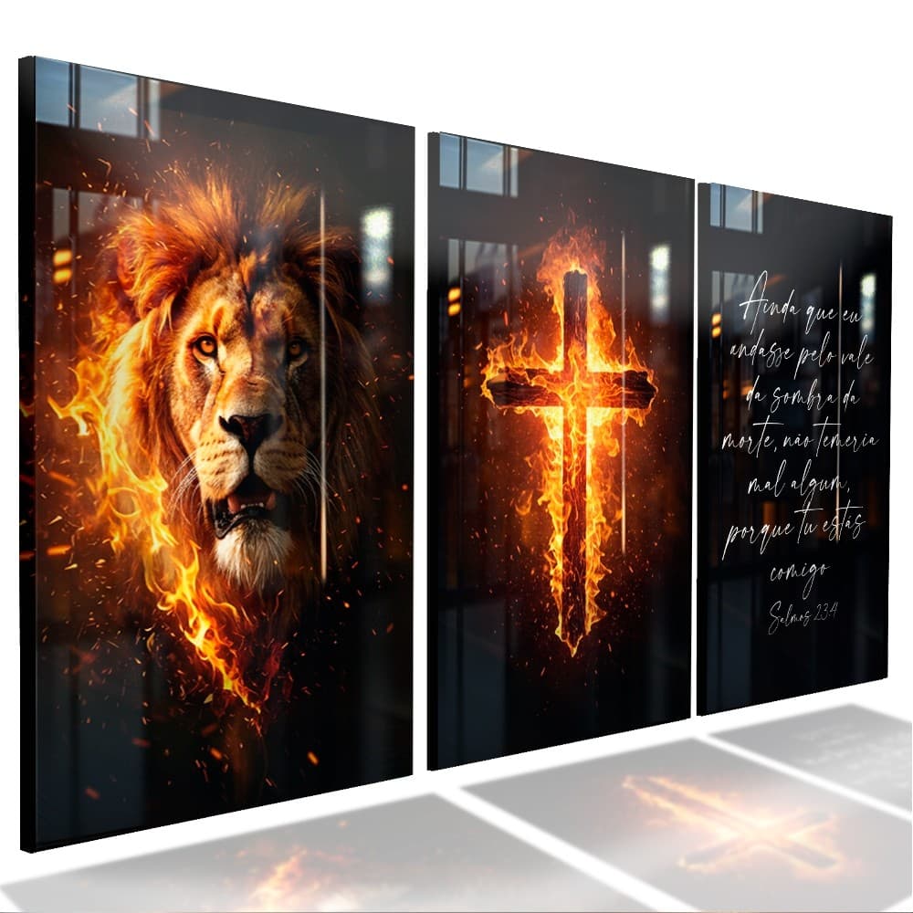 Quadros Decorativo 3 Sala Quarto Peças Leão Judá Cruz Chamas Salmo