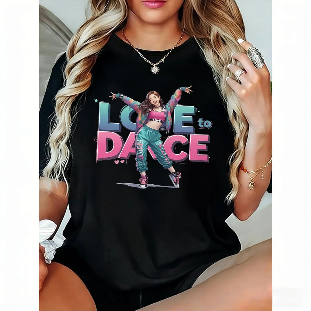 [Camiseta Premium Algodão Puro]LA Camiseta Feminina Estampa Personagem Dança Colorida Moderna Fofa Estilosa Moda Feminin