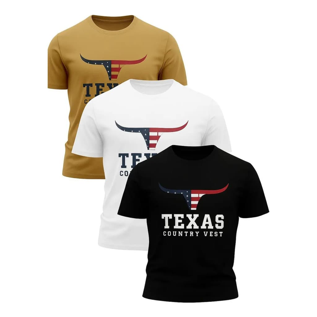 Kit 3 Camiseta Masculina Texas Boi Americano Longhorn Cowboy