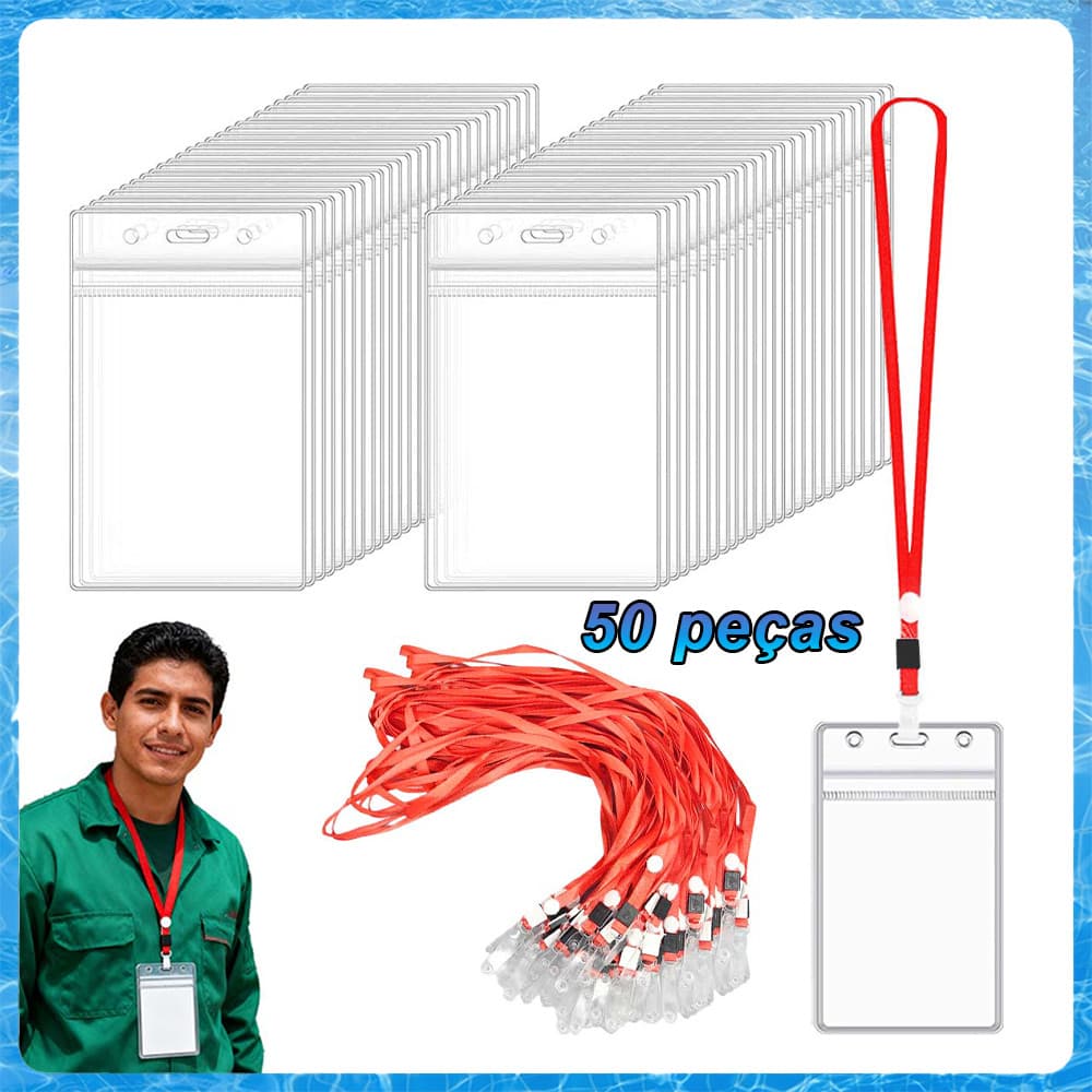 50x Porta-crachá Vertical de identificação com cordão Vermelho – Selável, à Prova d’Água, com Capa e Clipe para Cordão