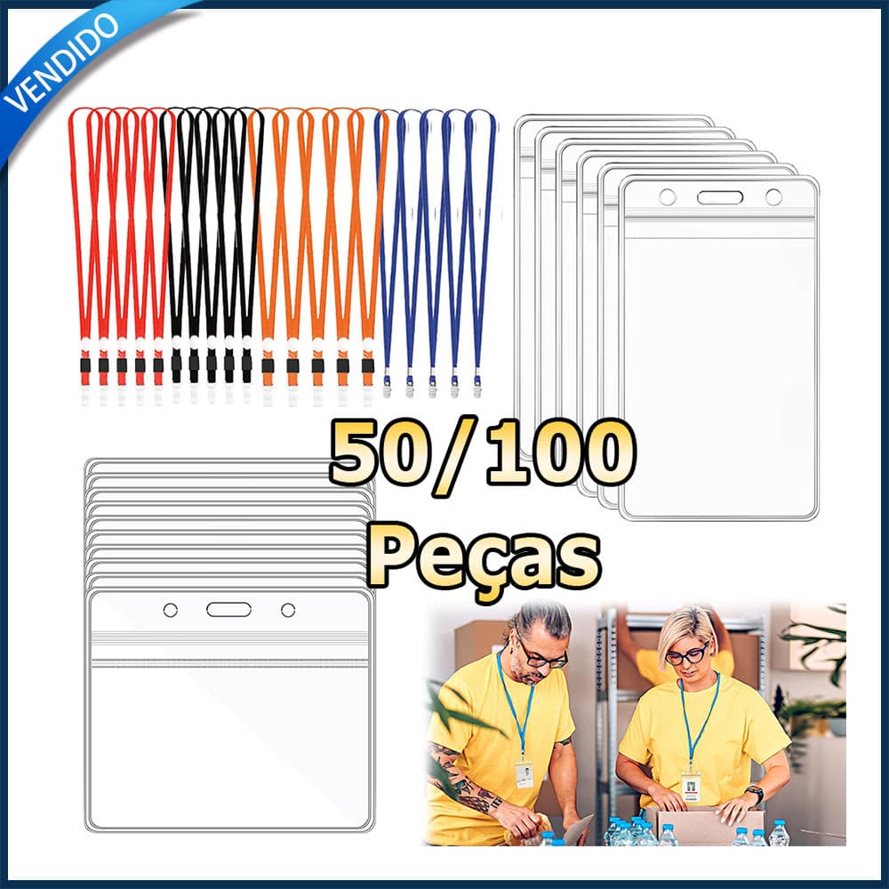 Kit 50/100 Crachás com cordões porta-cartões de plástico transparente porta-crachás cordões com clipes