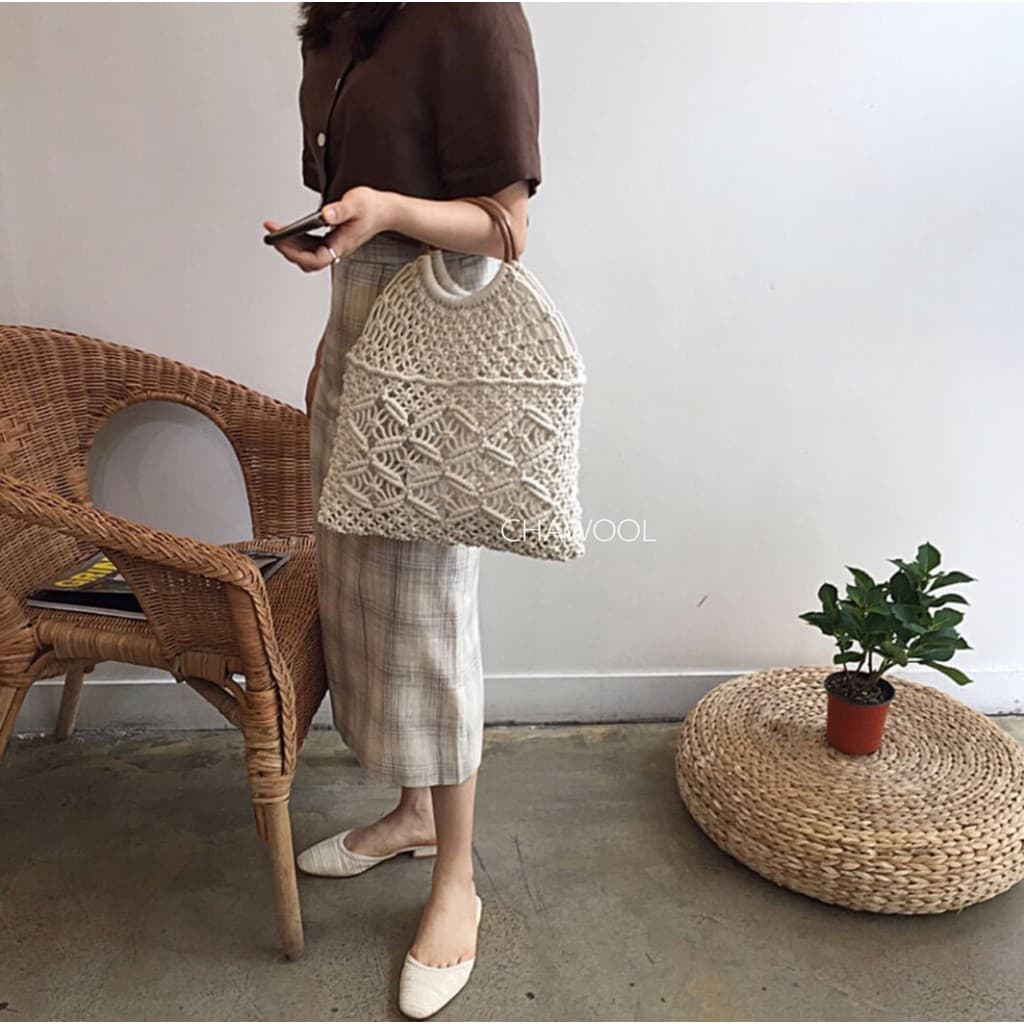 CHAWOOL anel de madeira portátil INS mesmo estilo anel oco Fishnet tecido bolsa estilo coreano chique bolso líquido