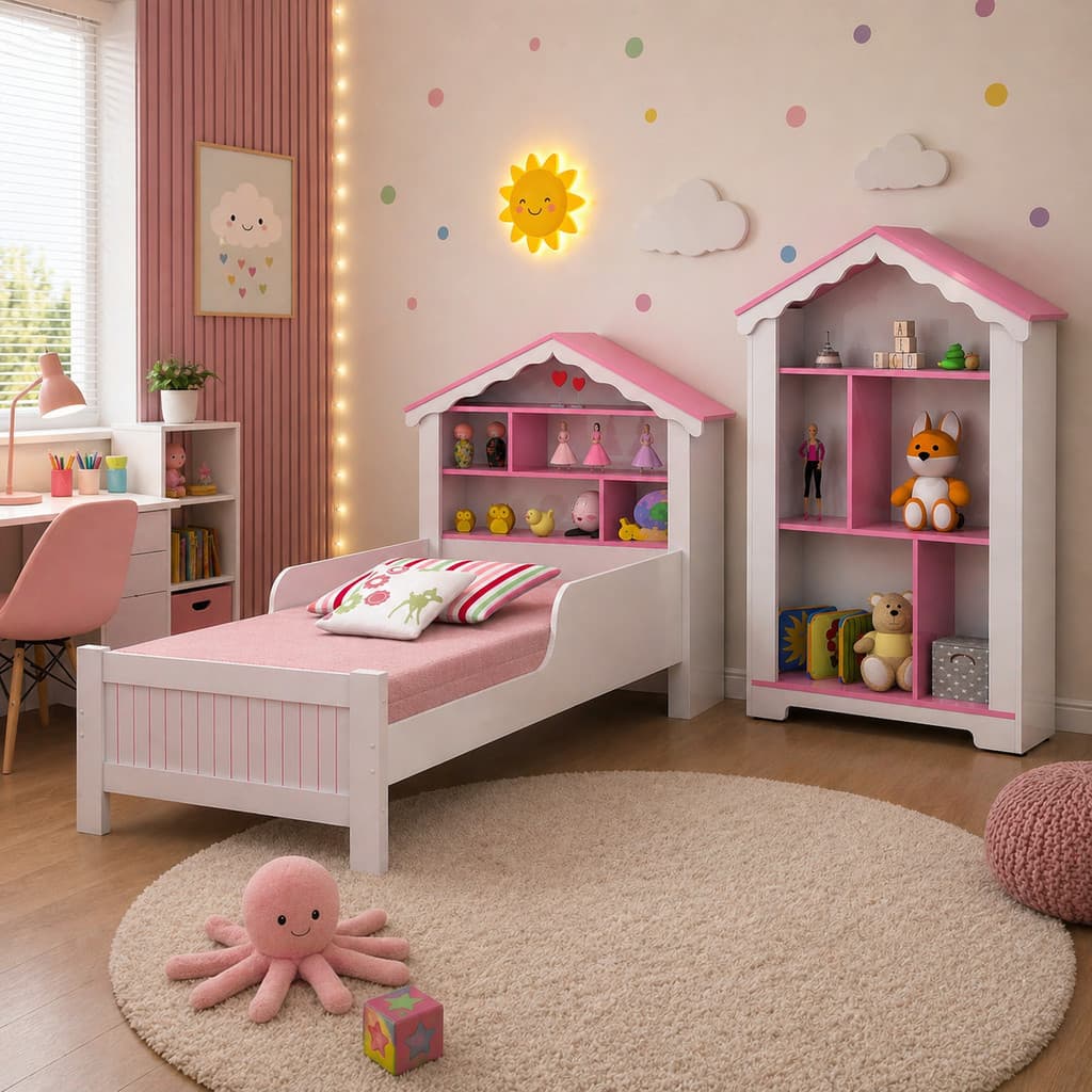 Kit Cama e Estante Menina Solteiro Infantil Branco e Rosa