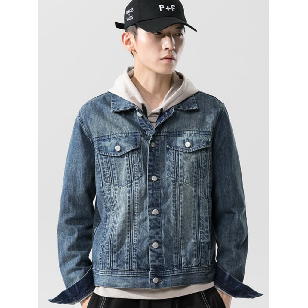 Jaqueta jeans retrô masculina, jaqueta jeans Slim fit, roupa de trabalho masculina, azul escuro, roupa de rua, roupas je