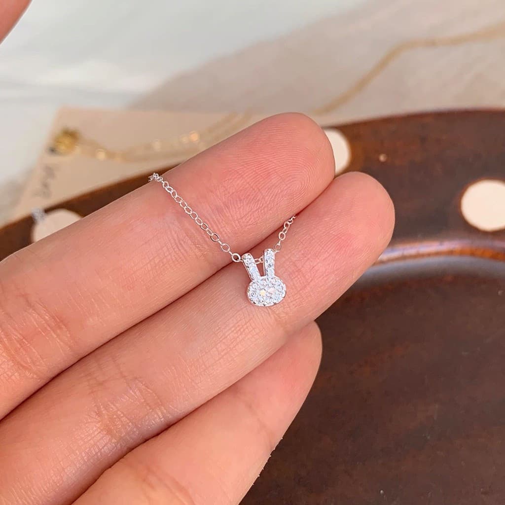 S925 prata esterlina coelho colar feminino simples elegante All-Match pequeno bonito doce cheio de diamante clavícula co