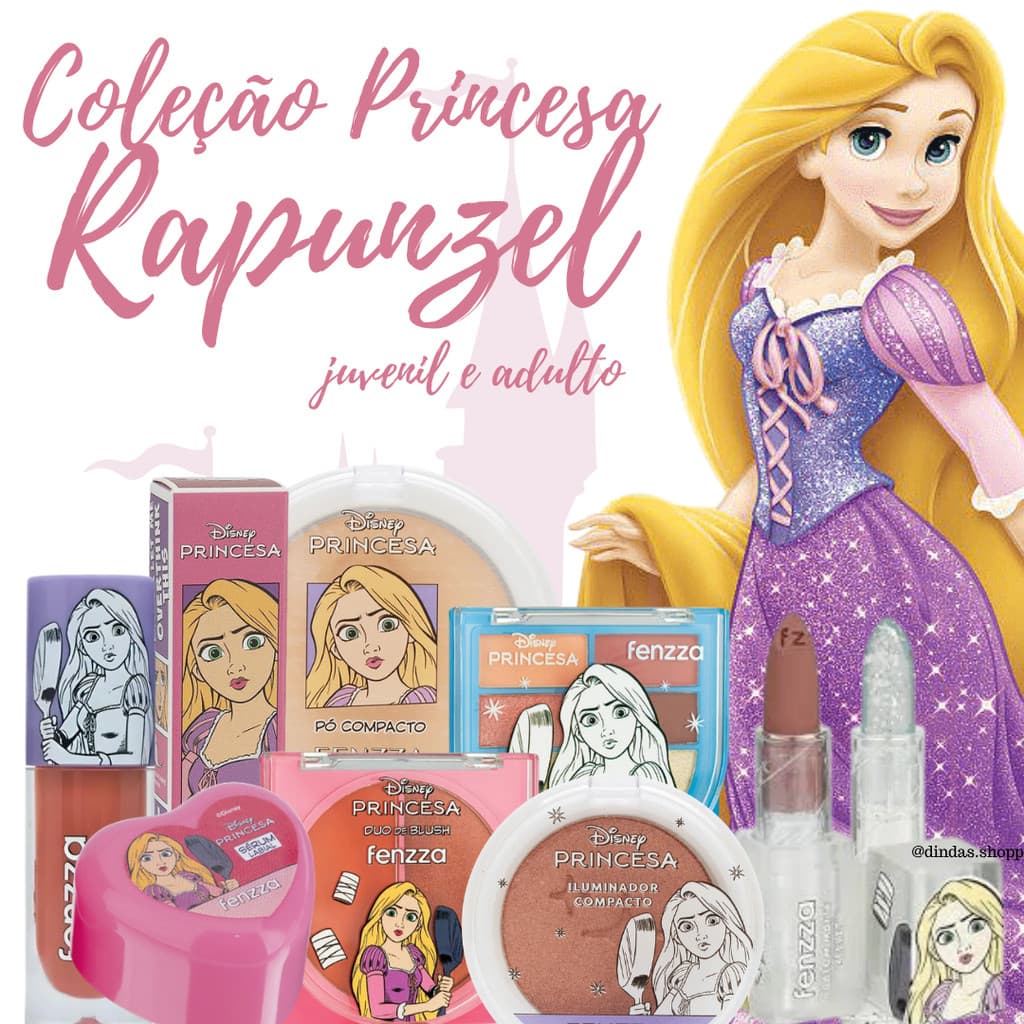 Coleção de Maquiagem Princesa Rapunzel - Pó, Blush, Iluminador, Gloss, Batom - Disney Fenzza
