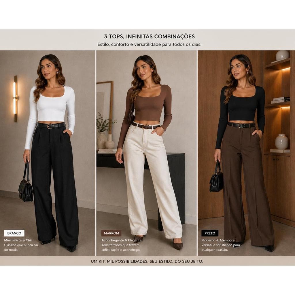 Kit com 03 Cropped Manga Longa Suplex Feminino Inverno 36 ao 42