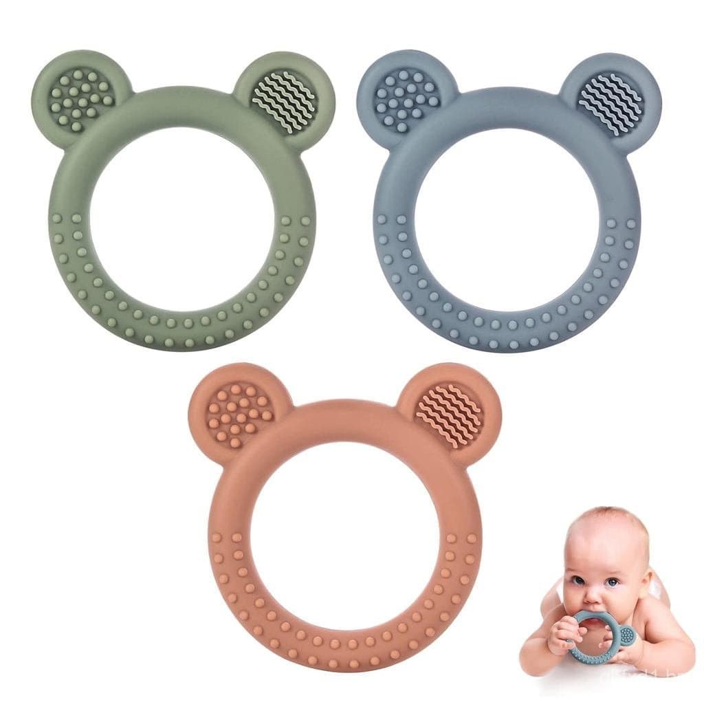 Baby Teething Toys Set of 3, Teethers for Babies 3-6 6-12 Months, BPA Free Soft and Textured Bear Teething Rings Silicon