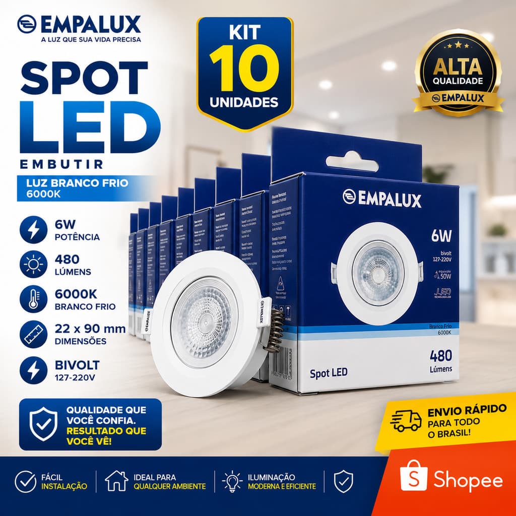 KIT 10 Spot LED Embutir 6W Redondo Empalux 6500K Branco Frio Bivolt Econômico