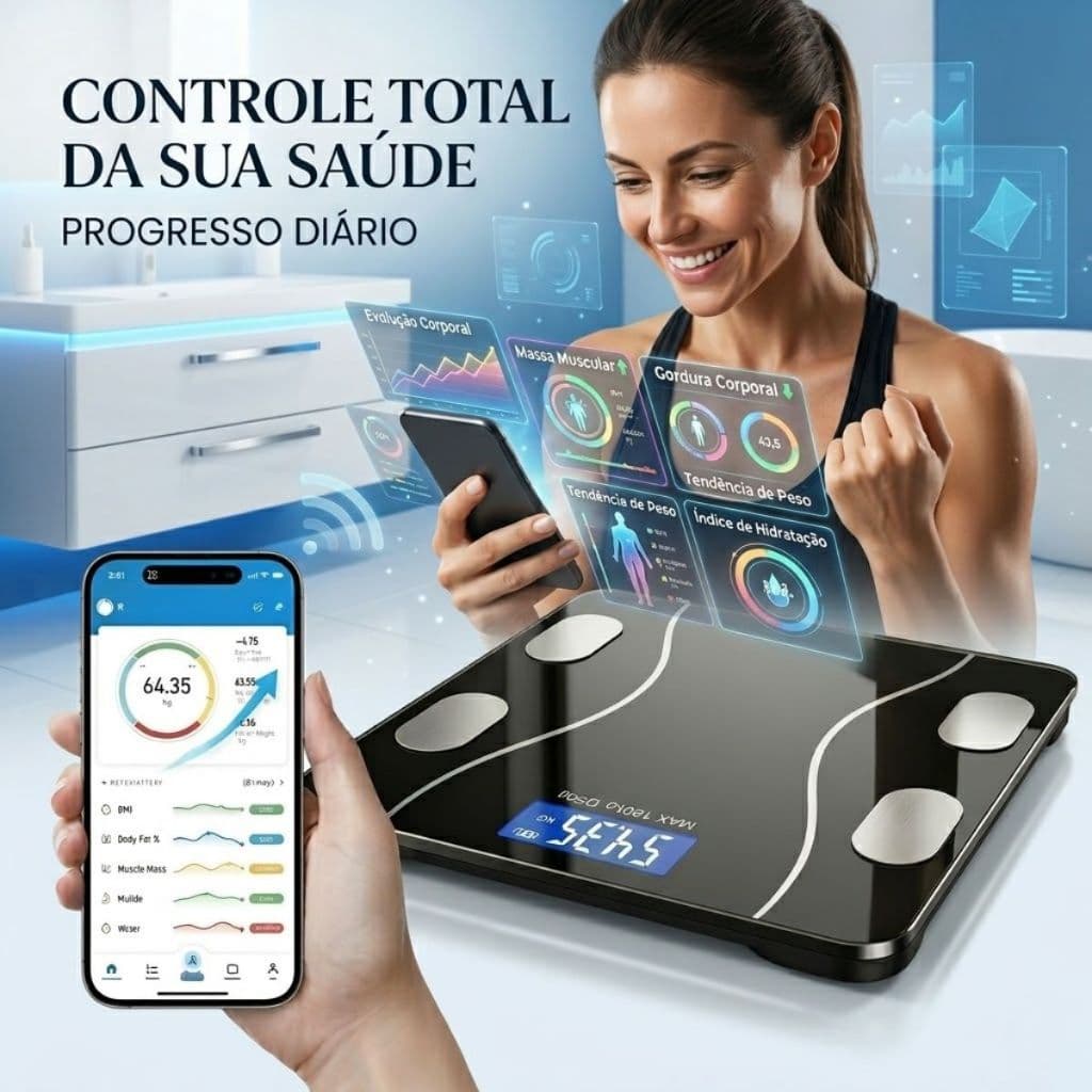 Balança Bioimpedância Digital Inteligente Bluetooth App Fitness Corporal Até 180kg Auto-Cuidado