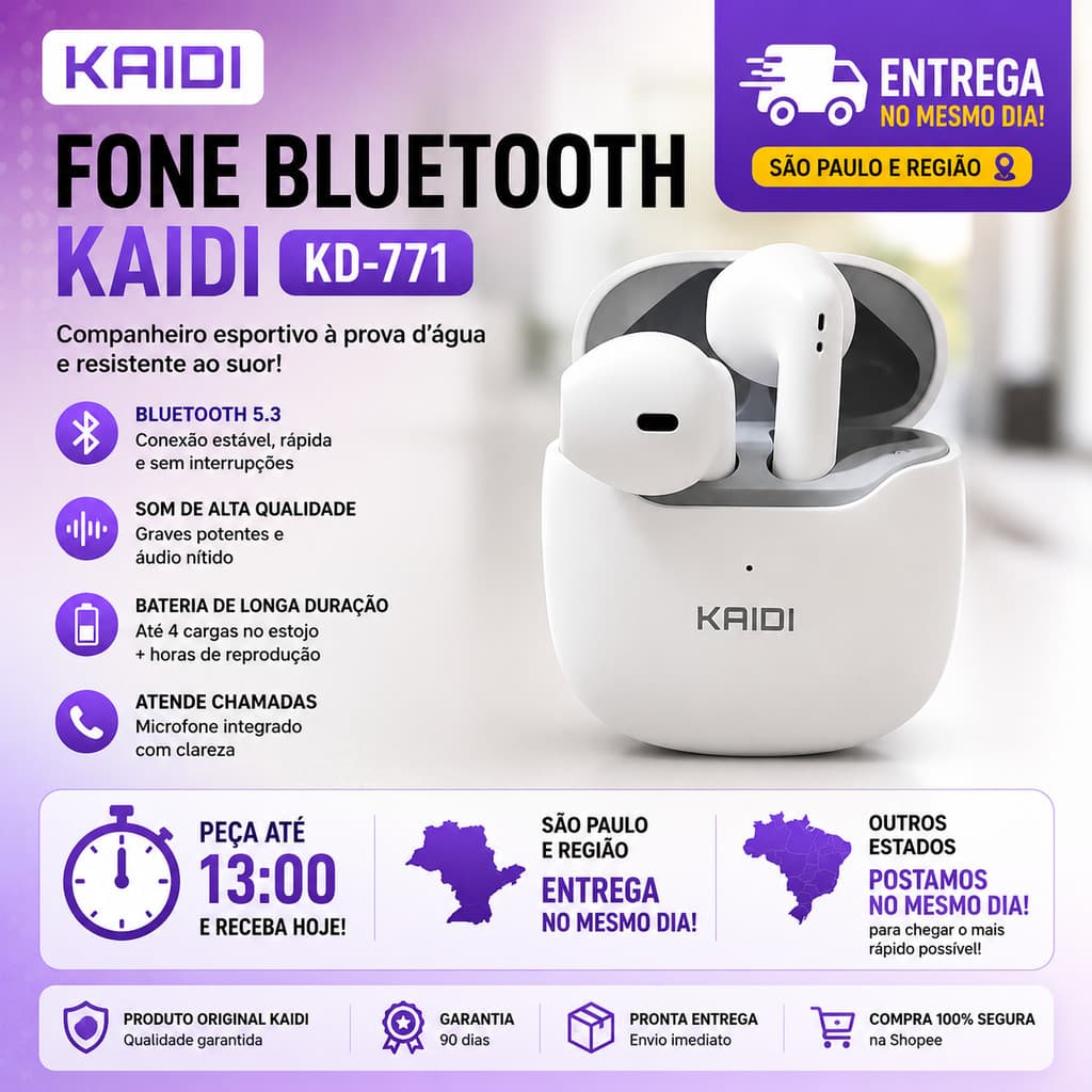 Fone de Ouvido Sem Fio Bluetooth 5,4 Kaidi 771 Original Para Sua Academia Corrida IPX4 prova agua