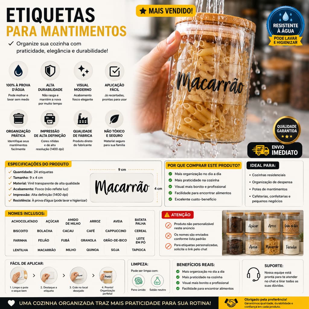Etiquetas Adesivas para Mantimentos 9x4cm | 24 Unidades | Vinil Transparente à Prova D’Água