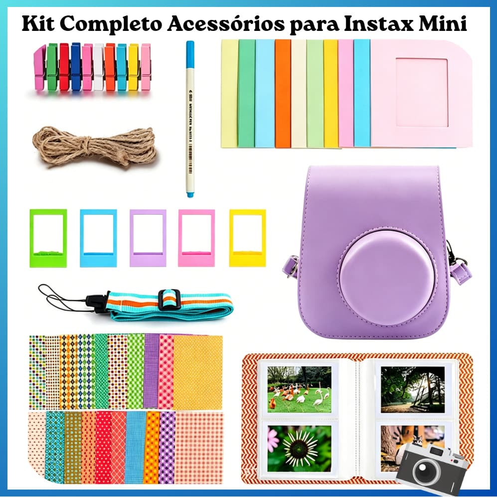 Kit Acessórios Fujifilm Instax Mini 12/11/9 Bolsa Capa Molduras Adesivos e Cordão