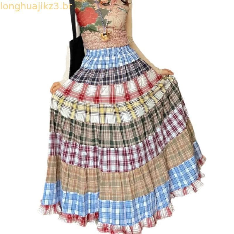 Saia Feminina Verão Cintura Elástica Xadrez Longa