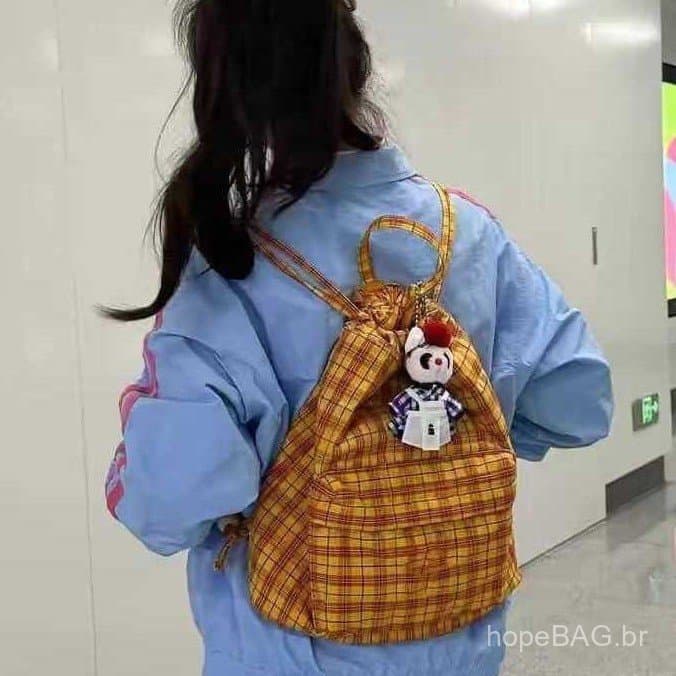Bolsa retrô americana xadrez laranja única, nova e fofa mochila com cordão para estudantes universitários, de grande cap