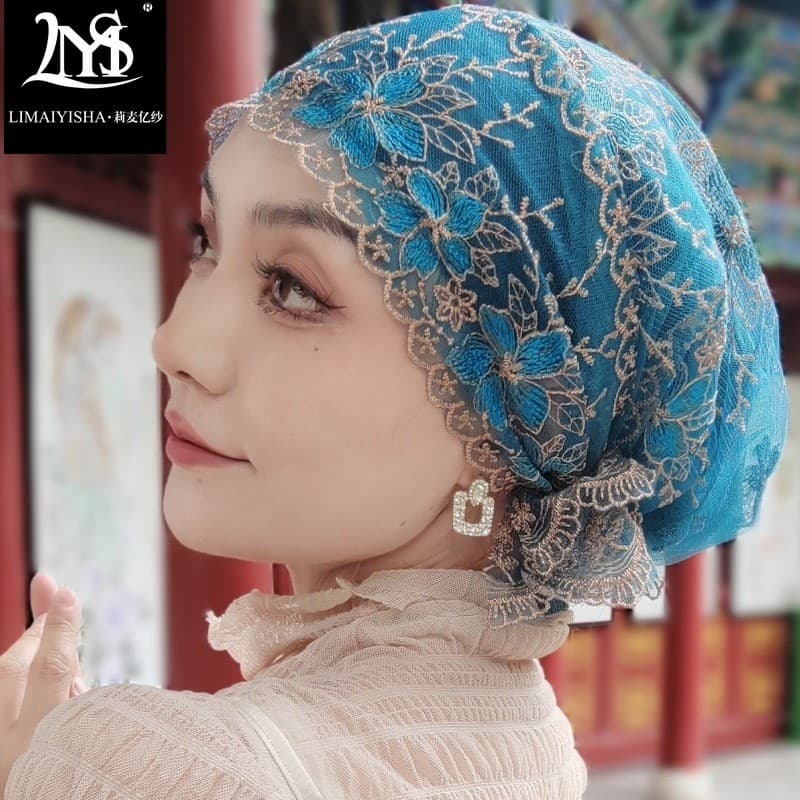 Olhando para trás cachecol chapéu feminino estilo ocidental cabeça boné de cobertura de cabelo bordado rabo de peixe cha
