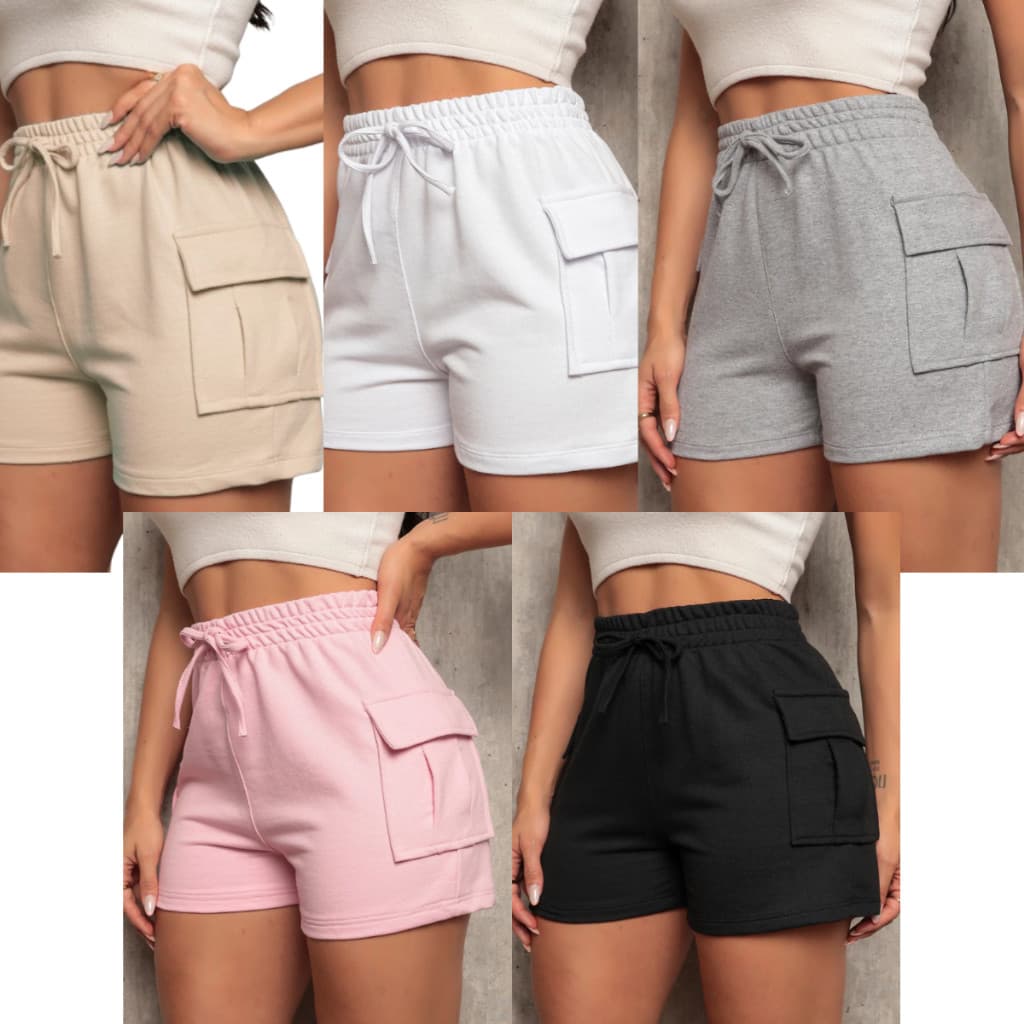 Kit 5 Shorts Cargo Moletom Feminino Com Bolso Lateral Moletinho