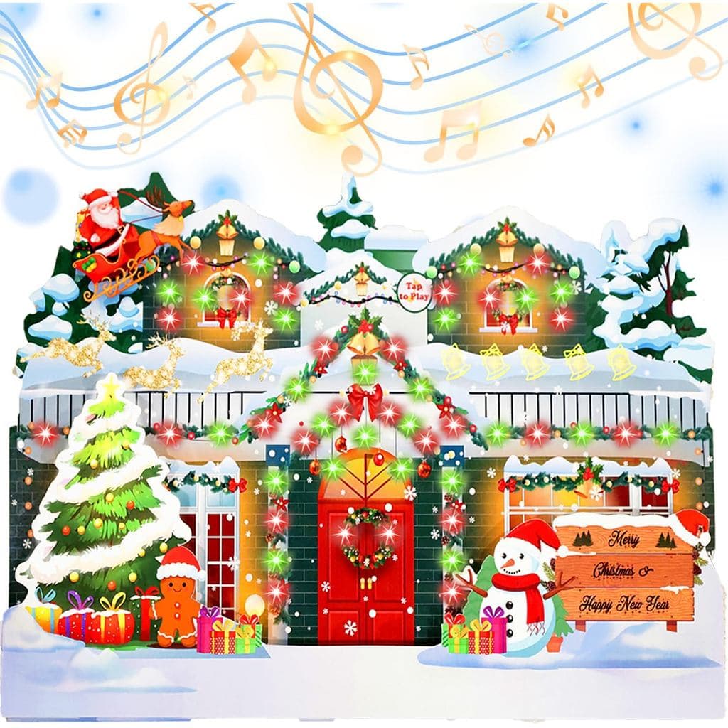 Cartão de Natal Musical 3D Pop Up |   Cartões de Saudação Animados com Luzes e 3 Músicas de Natal, Botão de Toque para T