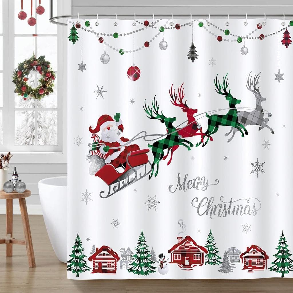 Cortina de Banheiro Bonhause Merry Christmas, Vermelha e Verde com Estampa Xadrez, Trenó do Papai Noel e Renas, Decoraçã