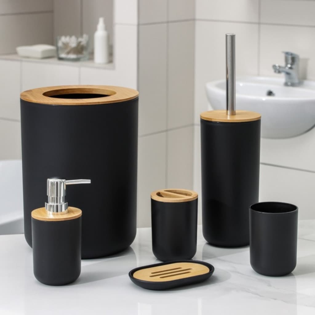 Kit Banheiro 6 Peças Redondo  Plástico Com Acabamento em Bambu