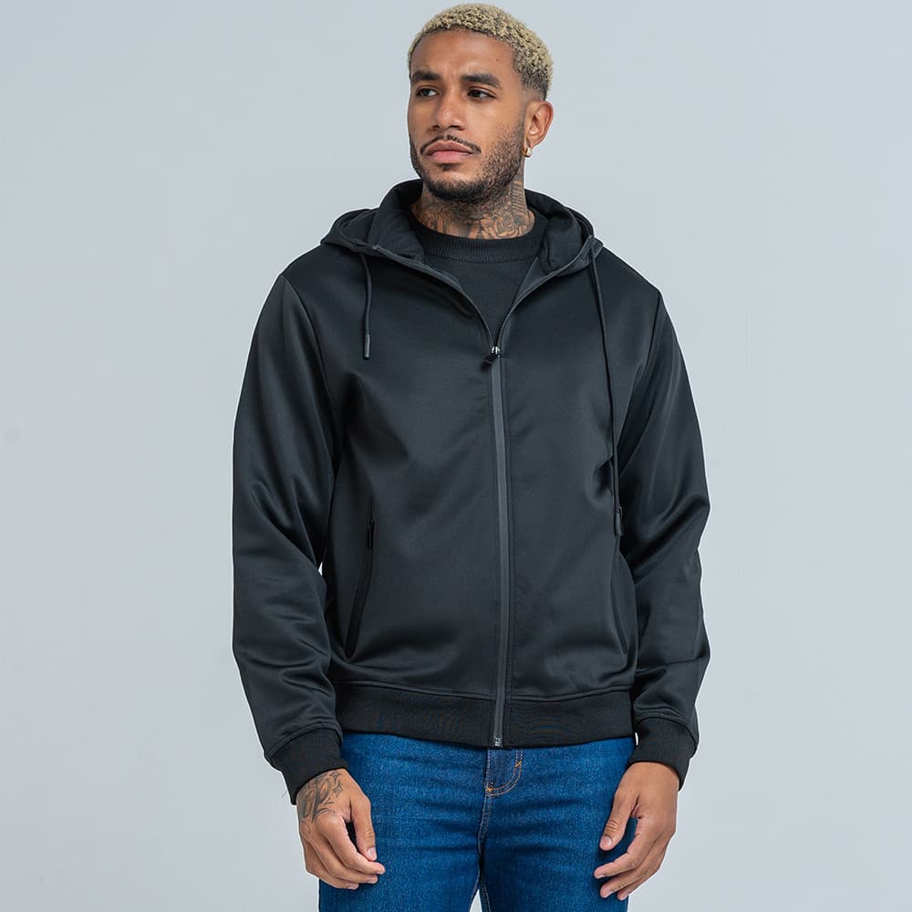 Jaqueta Masculina Com Capuz e Zíper Tecido Premium Preta