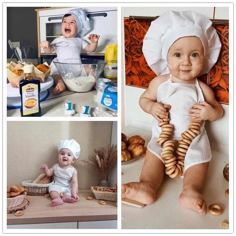 2 Pçs/set Bebê Chef Avental Chapéu Para Crianças Trajes Cozinheiro Traje Fotografia Prop