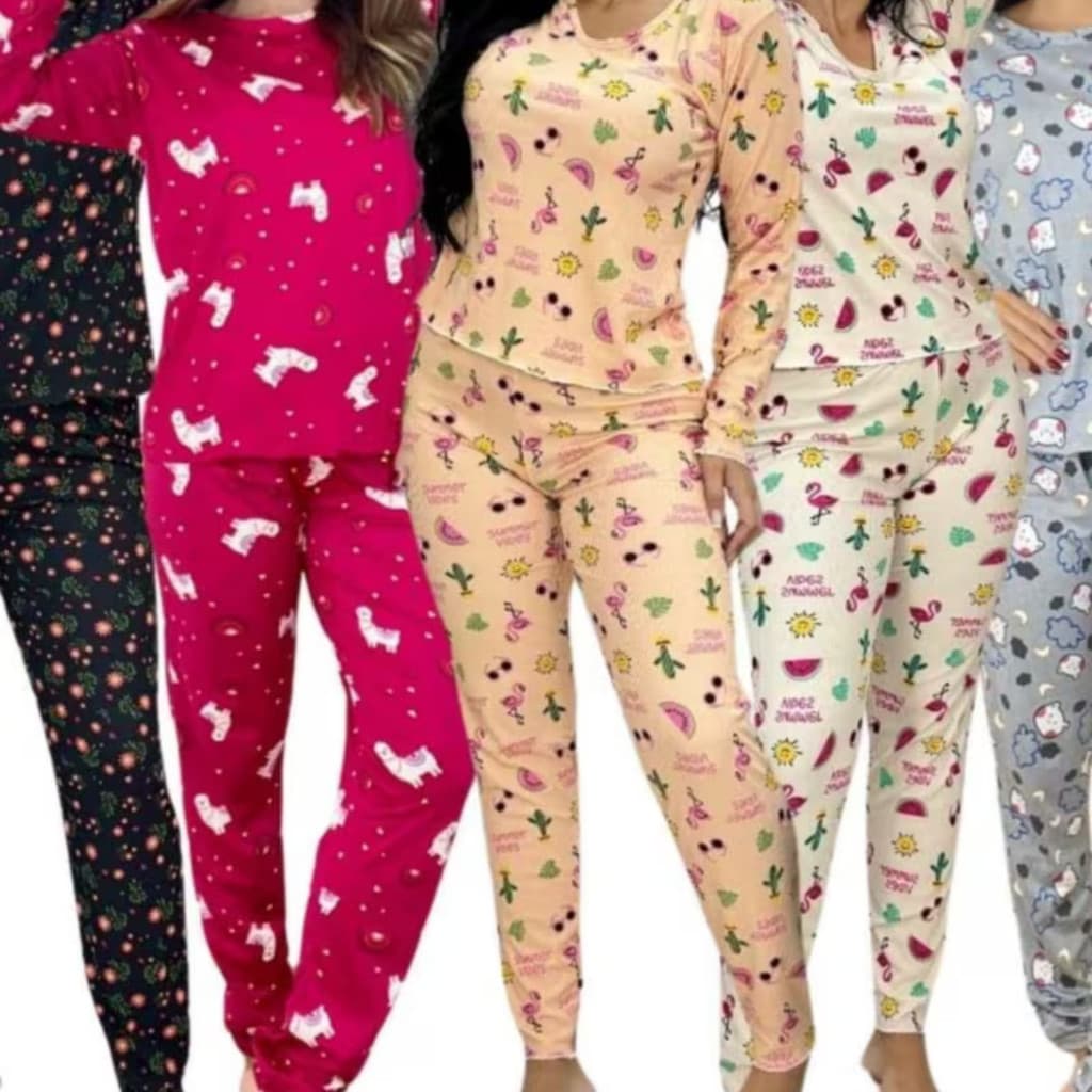 Conjunto Feminino De Pijamas  Estampado Manga Longa Confortável  Calça Comprida Sortidas Confortavel