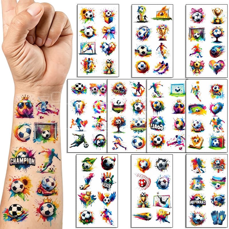 10 Folhas De Tatuagens Temporárias De Futebol , Maquiagem , Adesivos Corporais Para Meninos , Designs Esportivos , Decor