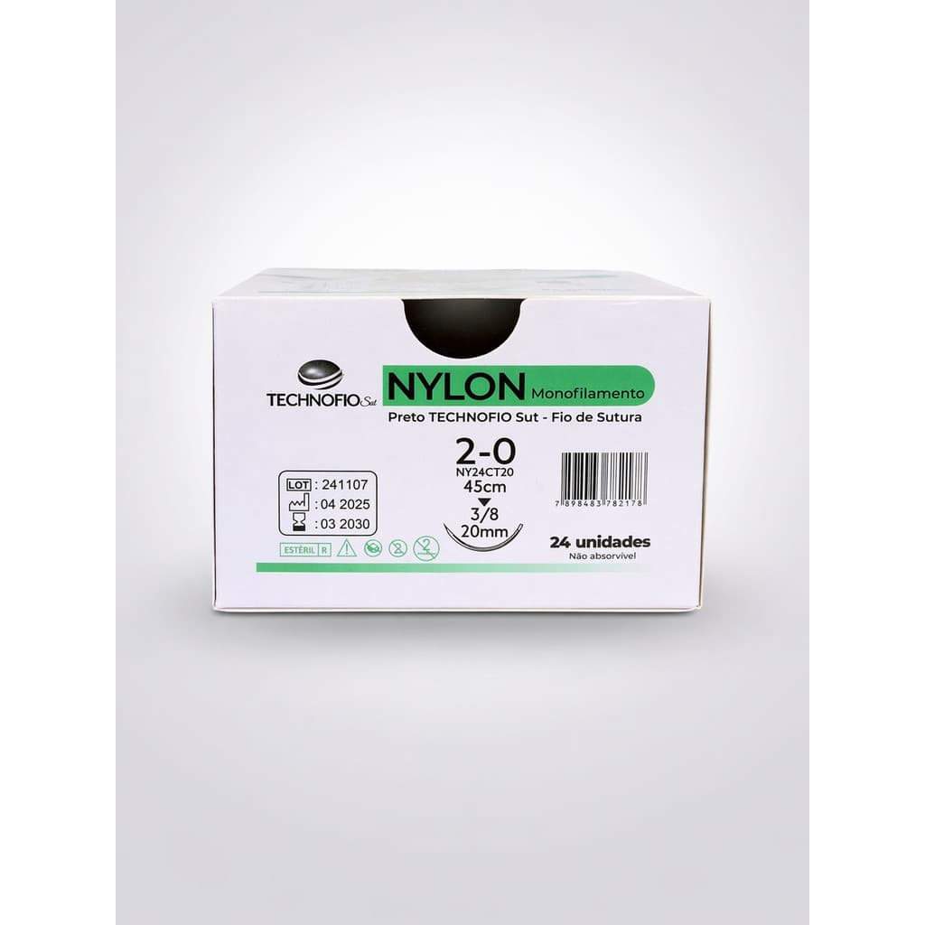 Fio de Sutura Nylon 2-0 45cm Agulha 20mm 3/8 Não Absorvível Estéril Technofio  Uso Hospitalar Veterinário Odontológico