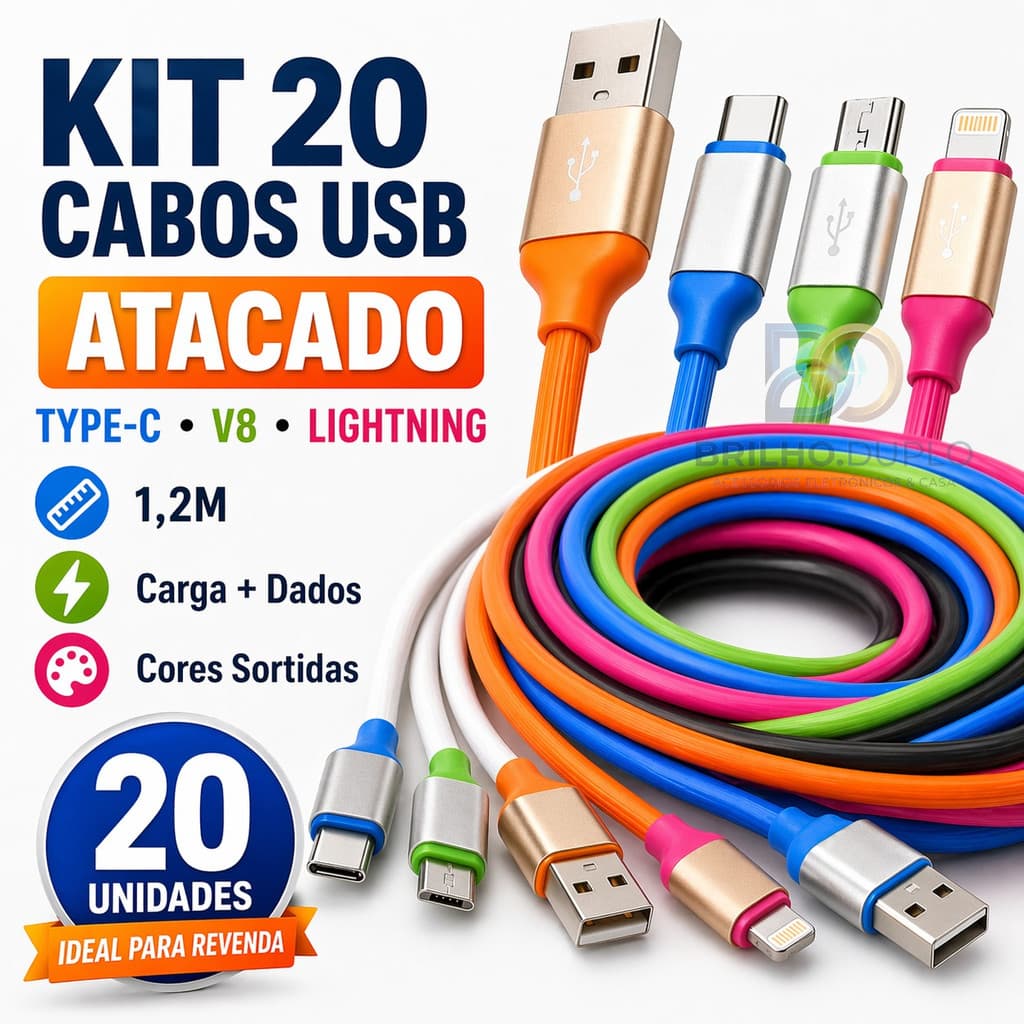Atacado Kit 20 Cabos Carregador Emborrachado USB Type-C V8 Lightning Dados 1,2m Revenda
