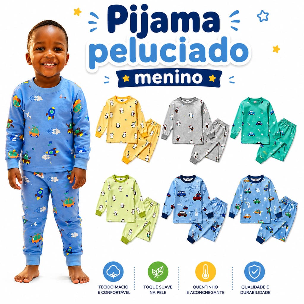 Conjunto Pijama Infantil Inverno Super Quentinho Peluciado Flanelado Manga Longa Macio Estampado Menino