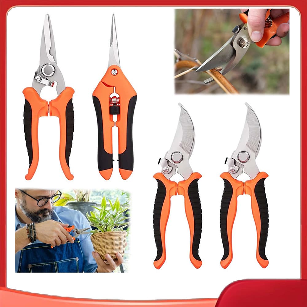 Conjunto de tesouras de trabalho de jardinagem laranja (incluindo 2 tesouras de poda de cotovelo + 1 tesoura de ferro +