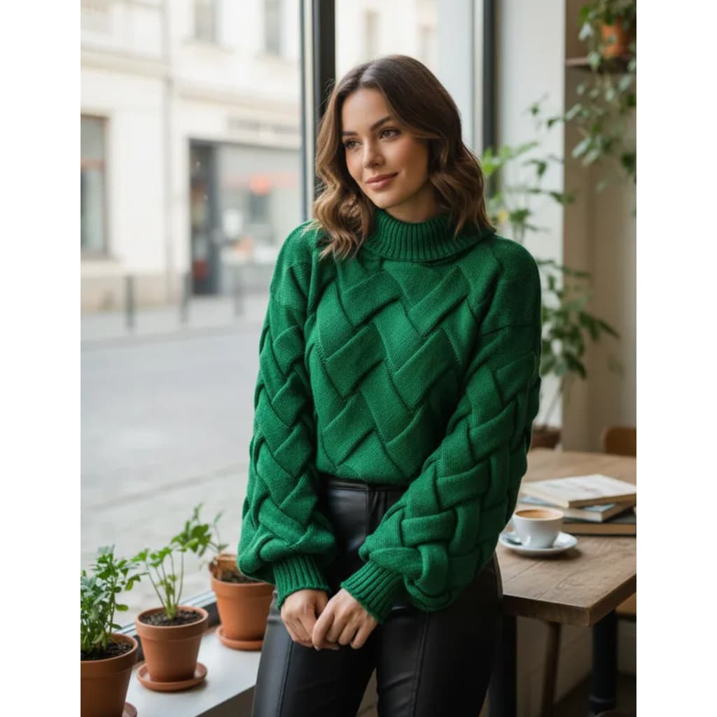 Blusa Trico Feminina Entrelaçada Transpassada Gola Alta Grosso inverno