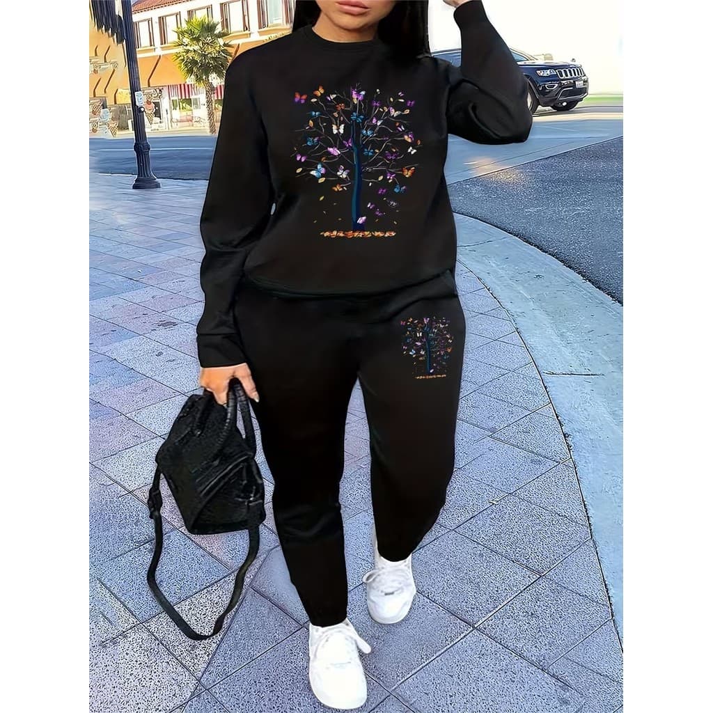 Conjunto Moletom Careca Feminino Árvore De Borboleta Blusa De Frio + Calça Moletom Estampados Unissex Outono/Inverno