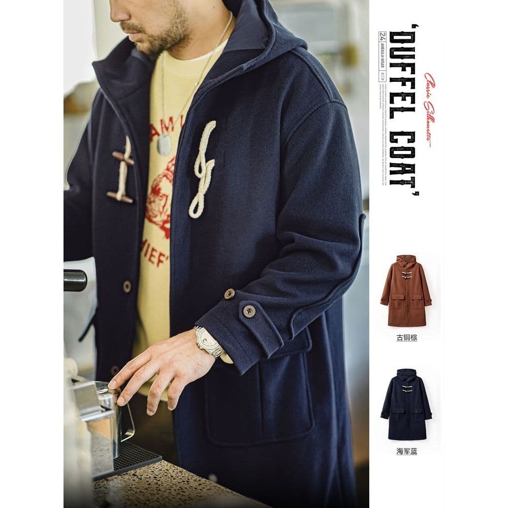 Moderno ferramentas americano Retro chifre fivela com capuz casaco de lã estilo Preppy solto casaco longo das mulheres d