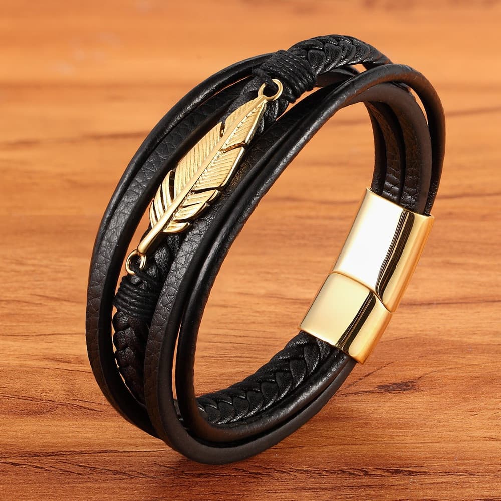 Pena/multi-camada pulseira de couro masculina/pulseira de aço inoxidável dos homens/acessórios