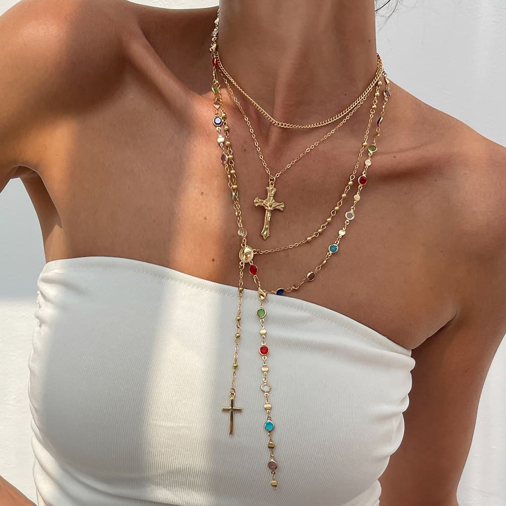 Colar com Pingente de Cruz de Jesus em Zircônia Colorida Multicamadas, Acessório de Moda Y2K para Mulheres, Presente par