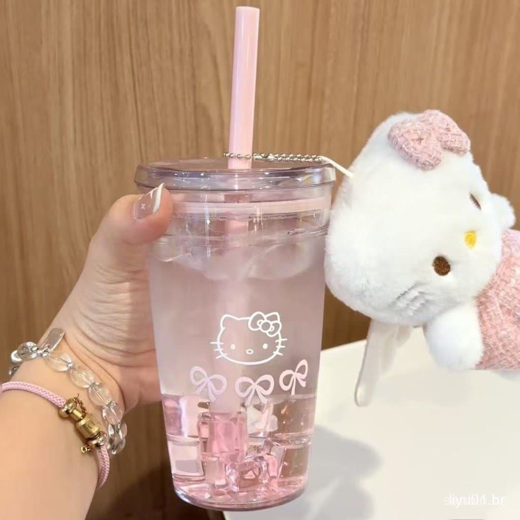 Rosa Hello Kitty copo de palha dos desenhos animados bonito menina coração grande capacidade copo de água de plástico tr