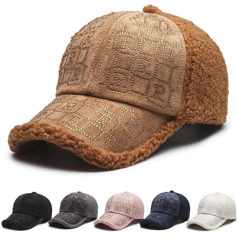 Nova Moda Feminina Outono Inverno Diamante Lambswool Aba Larga Boné De Beisebol Ao Ar Livre Quente
