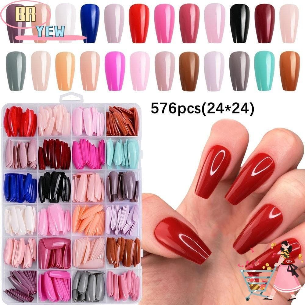 YEE Unhas Postiças , Design Francês Curto Redondo Quadrado Imprensa Em Falsas , Cobertura Completa Vermelho Azul Pontas