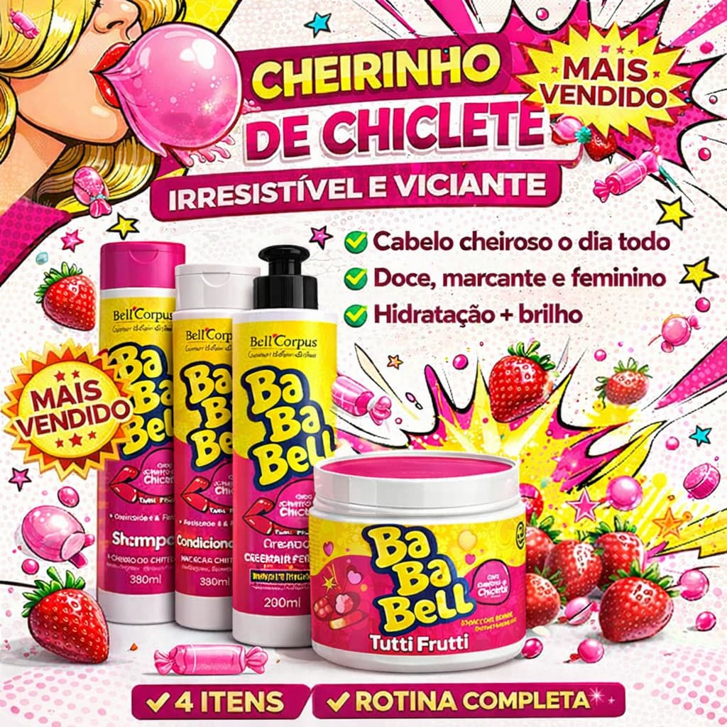 Kit Completo para cabelos Bababell 4 itens chiclete ou morango Shampoo Condicionador Mascara e Creme