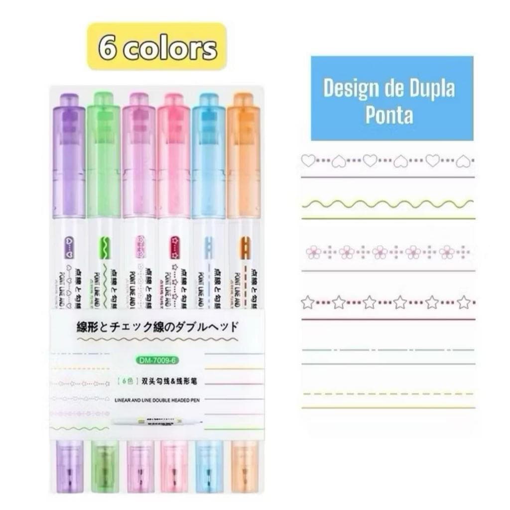 kit 6 Canetas Carimbo Roller Stamp Ponta Dupla Fine Line Highlighter Marca Texto - Papelaria Fofa