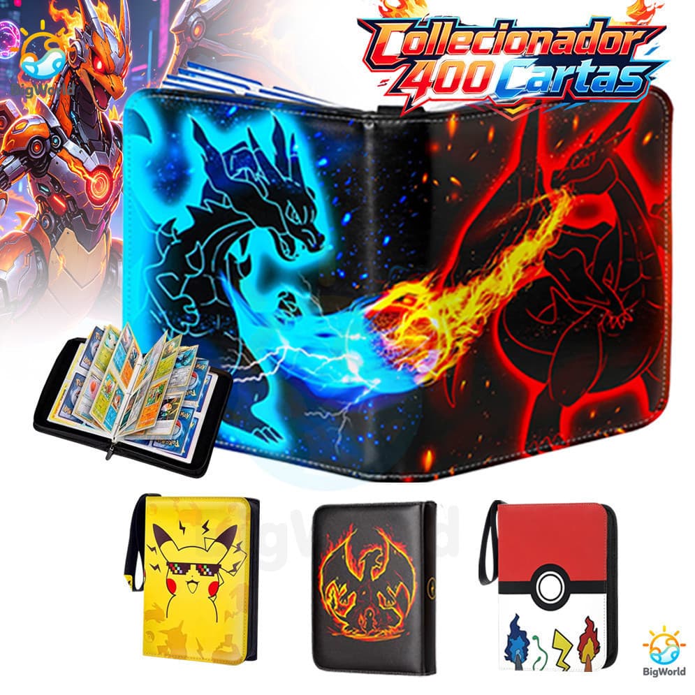 Álbum Pokémon para Colecionador - 400 Cartas e 50 Folhas com Zíper Pasta Fichário Porta Cards TCG