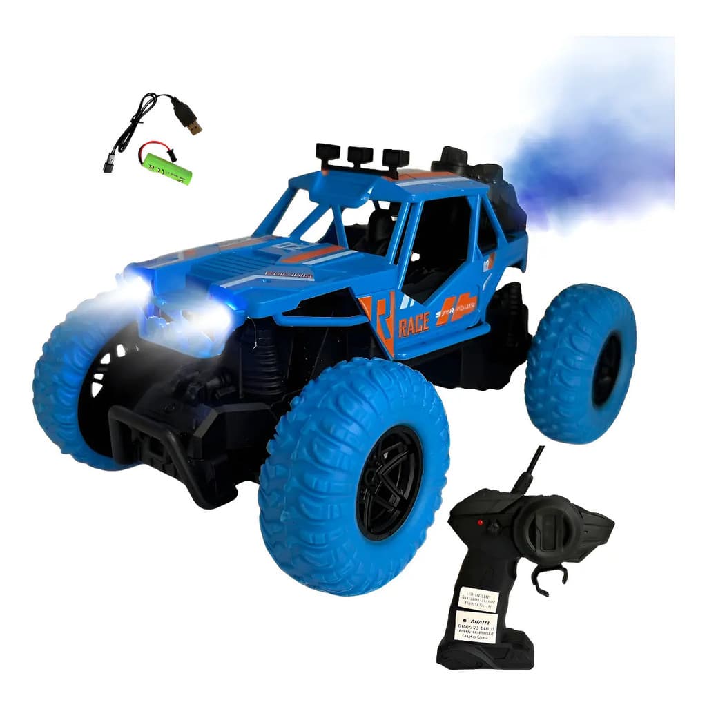 Carro Controle Remoto Jeep Solta Fumaça Carrinho Azul