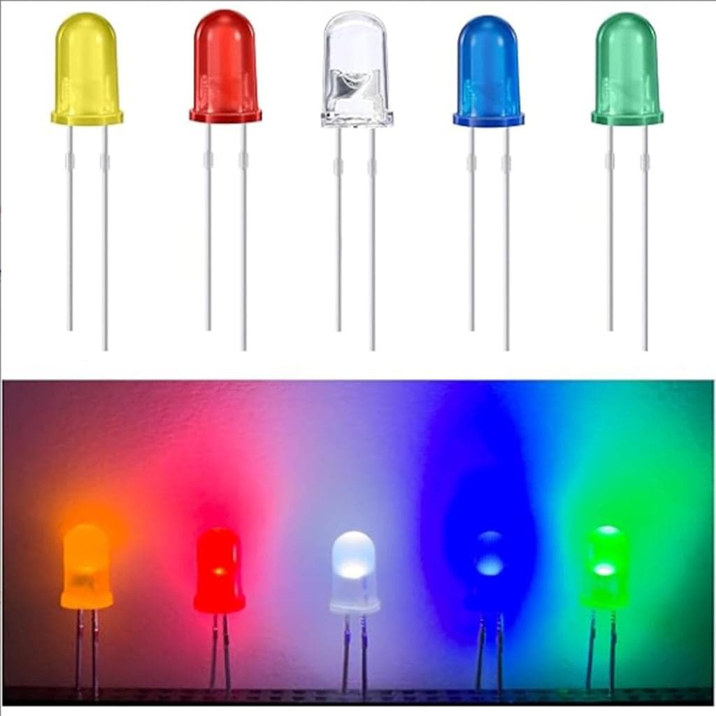 Kit Inicial de LEDs - 100 Peças de LEDs Variados de 5mm (Azul, Vermelho, Verde, Amarelo, Branco) para Projetos de Aprend