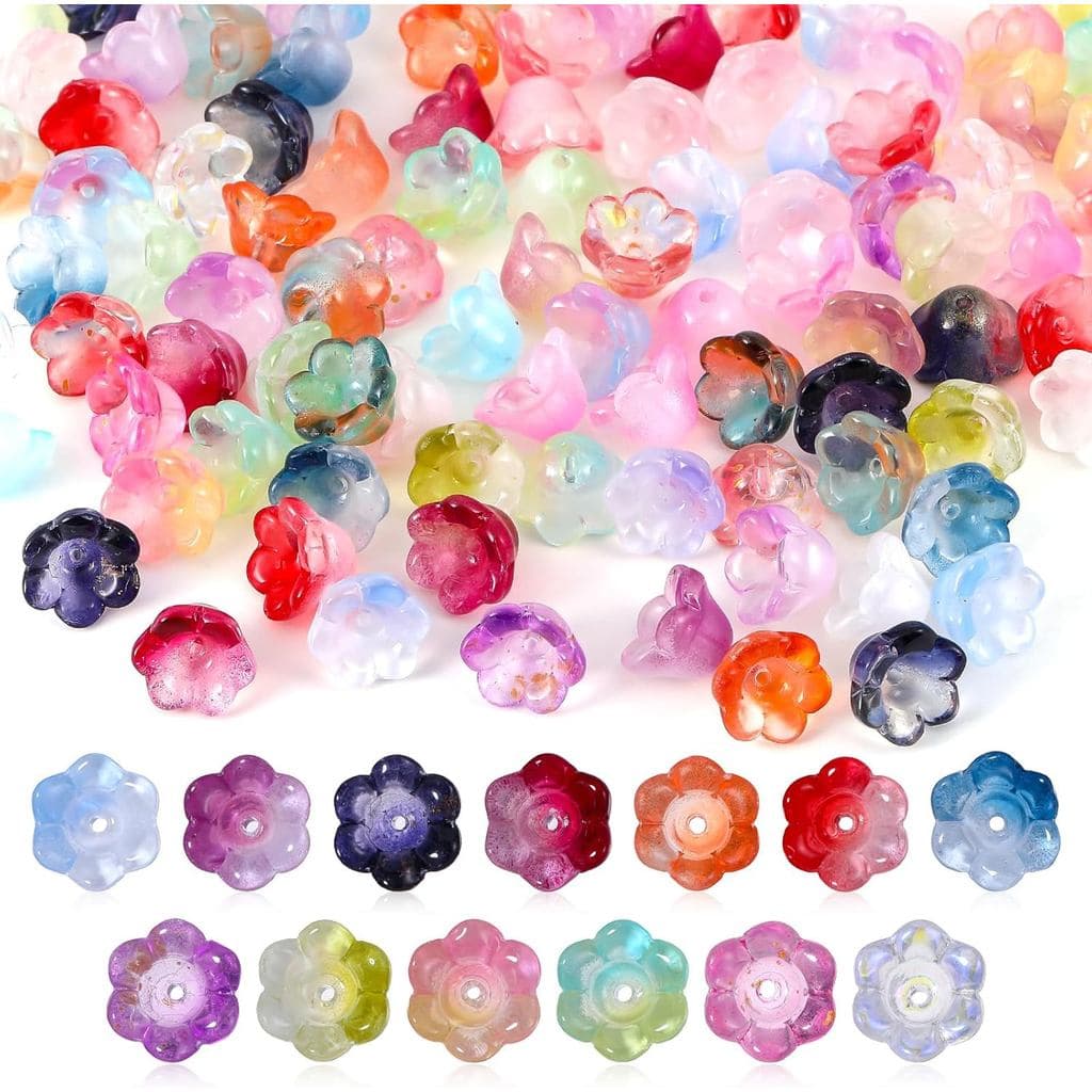 100 Peças de Contas de Vidro em Forma de Flor para Artesanato, Contas Coloridas em Forma de Flor com Furo para Pulseiras