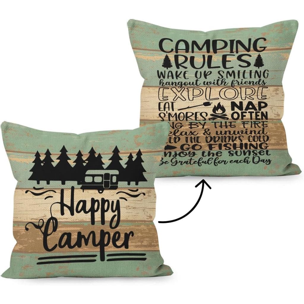 Capa de Almofada Reversível de Madeira Rústica com Estampa "Happy Camper", Presentes de Camping para Mulheres e Homens,