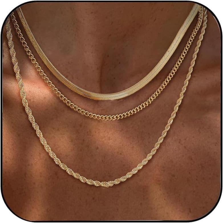 Colares em Camadas para Mulheres, Conjunto de Colares Delicados com Corrente Espinha de Peixe Banhados a Ouro 14K, Colar