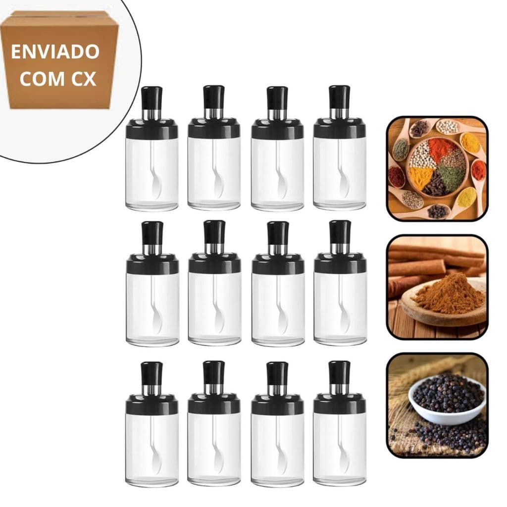 Kit 6/12 Porta Tempero Com Colher Condimento Cozinha Sal Açucar