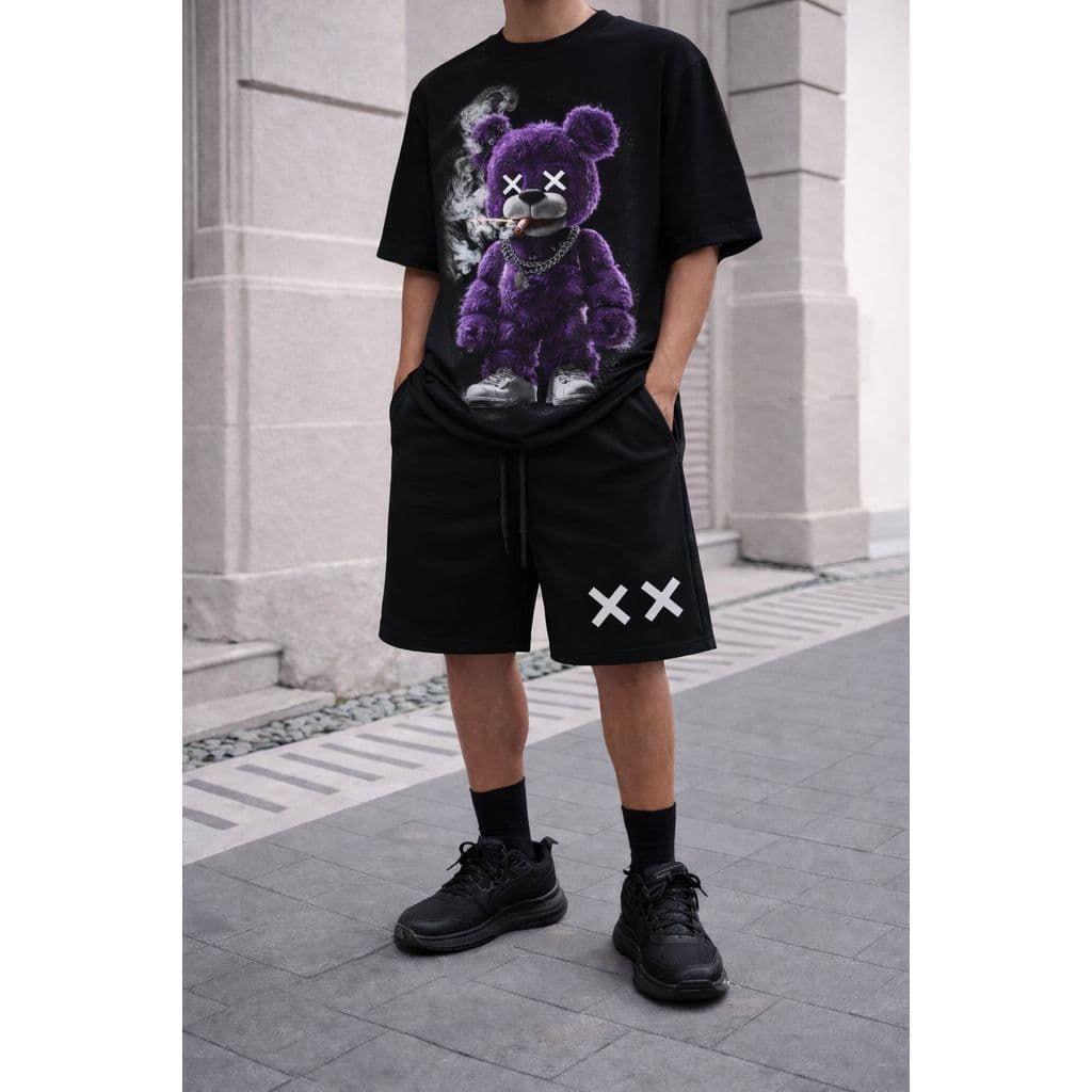 Conjunto Masculino Streetwear Camiseta Estampada Ursinho + Short Moletom Casual Premium